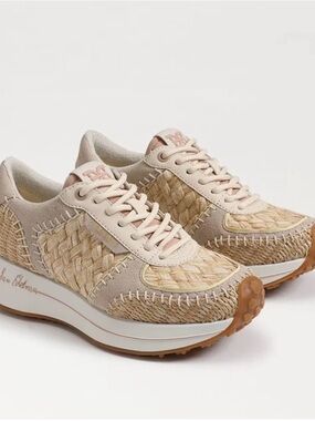 Sam Edelman Beige Woven Platform Lace-Up Sneakers